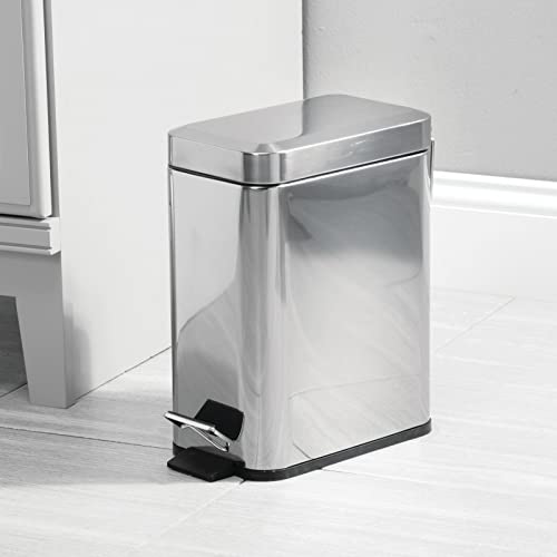 mDesign Small Modern 1.3 Gallon Rectangle Metal Lidded Step Trash Can, Compact Garbage Bin with Removable Liner Bucket and Handle for Bathroom, Kitchen, Craft Room, Office, Garage - Chrome - color: Chrome, size: 1.3 Gallon