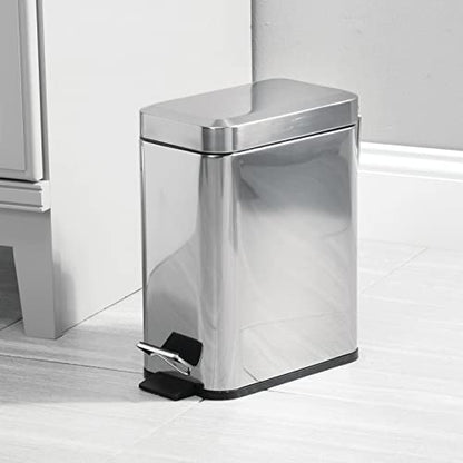mDesign Small Modern 1.3 Gallon Rectangle Metal Lidded Step Trash Can, Compact Garbage Bin with Removable Liner Bucket and Handle for Bathroom, Kitchen, Craft Room, Office, Garage - Chrome - color: Chrome, size: 1.3 Gallon