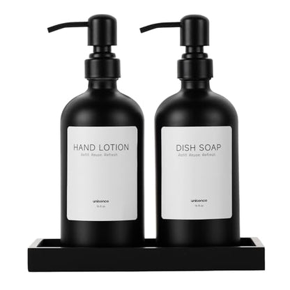 2 Packs Glass Dish Soap Dispenser Set for Kitchen, Hand and Dish Soap Dispenser with Stainless Steel Pump & Resin Tray, Rental-Modern Refillable Countertop Soap Dispenser for Bathroom,Matte Black - color: Matte Black