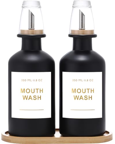 11.8OZ Glass Mouthwash Dispenser for Bathroom with Stainless Steel & Bamboo Nozzle, Mouthwash Cup Reusable, Bamboo Tray, and Elegant Gold Sticker.Set of 2（Black - color: Black/350*2