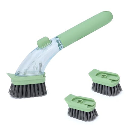 DAPOWER Soap Dispensing Dish Brush with Handle, Kitchen Scrub Brush for Dishes Pots Pans Sink Cleaning (Light Green)
