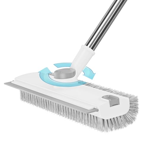 Floor Scrub Brush with Long Handle: 3 in 1 Heavy-Duty Floor Scrubber Brush with Squeegee for Cleaning Tile Bathroom Deck Kitchen Patio - White - color: White