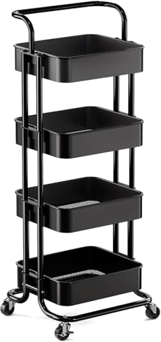 Pipishell 4 Tier Mesh Utility Cart, Rolling Metal Organization Cart with Handle and Lockable Wheels, Multifunctional Storage Shelves for Kitchen Living Room Office White, PIUC12B - color: Black, size: 4-Tier