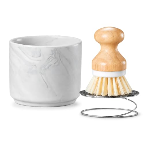 ONEMORE Bamboo Dish Brush with Ceramic Foaming Base, Kitchen Sink Scrub Brush Set with Spring and Mesh Insert, Wooden Handle Dishwashing Brush for Pots Pans Plates Bowls, Marble - color: Marble