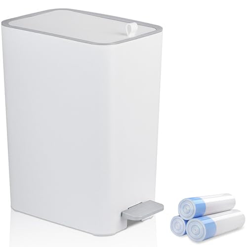 rejomiik Small Bathroom Trash Can with Lid, 3.2 Gallon Step Garbage Can with Handle, Slim Mini Wastebasket Bin for Bedroom, Office, Dorm, White - color: White, size: 3.2 Gallon