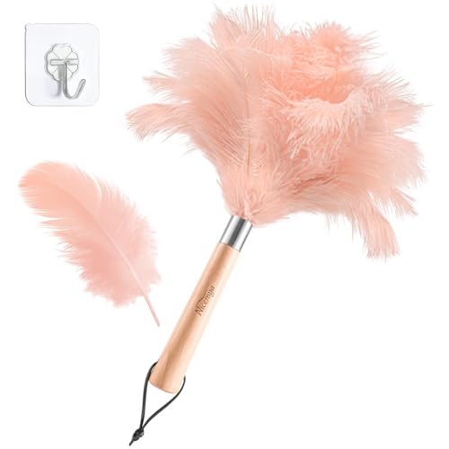 Pink Ostrich Feather Duster with Wooden Handle, 13.5 inch Natural Fluffy Cleaning Tool for Dusting Home, Car, Delicate Surfaces, Reusable Decorative Duster for Ledges, Blinds & Delicate Home Decor