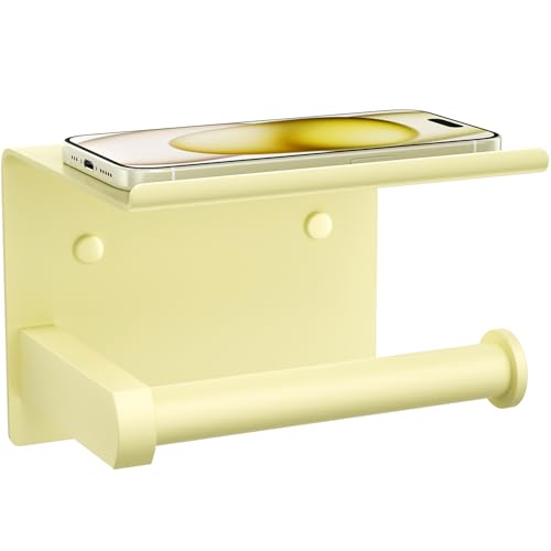 Tindbea Toilet Paper Holder with Phone Shelf, Adhesive or Screw Wall Mount Toilet Tissue Roll Holder, Rustproof & Multifunctional Stainless Steel Bathroom Storage Dispenser (Sunlight Yellow) - color: O-sunlight Yellow