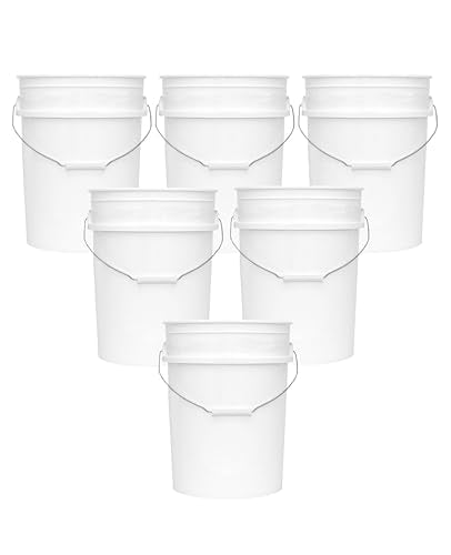MKS Plastics 5-Gallon Bucket Only – No Lid Included, Made in USA, Food Grade BPA Free Plastic, Heavy Duty Multi-Use, Metal Handle with Grip, Stackable Storage – White, 6 Pack - color: White, size: 6
