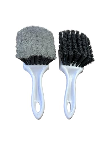 Short Handle Car Wheel and Tire Brush | Auto Detailing Car Wash Brush | Deep Cleaning Brush for Tires, Rims, Wheel Wells, Carpets, and Upholstery | Soft Bristles and Stiff Bristles | Pack of 2