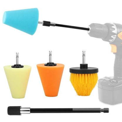 Linkstyle 5PCS Drill Polishing Cone Set, Car Wheel Polisher Sponge Pad Kit with Long Extension Pole & Cleaning Brush, Buffing Cone for 1/4" Hex Drill, Car Rim and Metal Surface Polishing Tool - style: Cone_5PCS