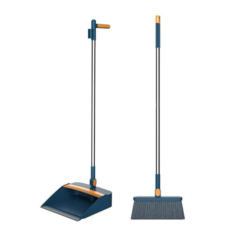 37.8in Broom and Dustpan Set Foldable Hand Broom for Home & Kitchen with Rotatable Standing Storage, Buckle Type Broom with Dustpan Combo Set Outdoor Brooms Cleaning Tool Apartment Essentials (Blue) - color: Blue