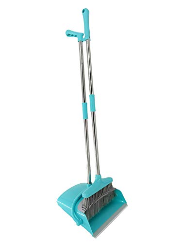 Extendable Long Handle Broom and Dustpan Set, Stainless Lightweight Upright Standing Broom and Dustpan Combo for Kitchen Lobby Office Living Room Household Indoor or Outside (Light Blue) - color: Light Blue