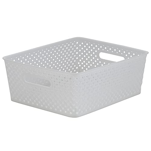 Simplify Medium Resin Wicker Storage Bin | Dimensions: 14"x11.5"x5.15" | Durable | 2 Open Handles | Wicker Design | Light Weight | Home Organization | White