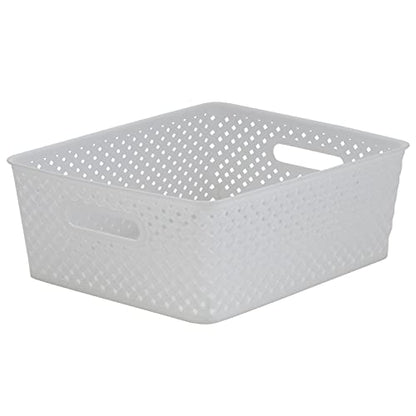 Simplify Medium Resin Wicker Storage Bin | Dimensions: 14"x11.5"x5.15" | Durable | 2 Open Handles | Wicker Design | Light Weight | Home Organization | White