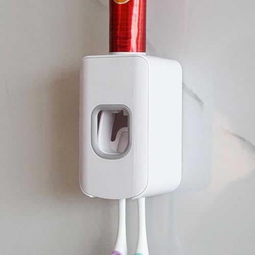2 Slot Toothbrush Holder and Toothpaste Dispenser Wall Mounted, Automatic Toothpaste Squeezer, 2 in 1 Tooth Brush Toothpaste Organizer for Shower (White) - color: White, size: 1