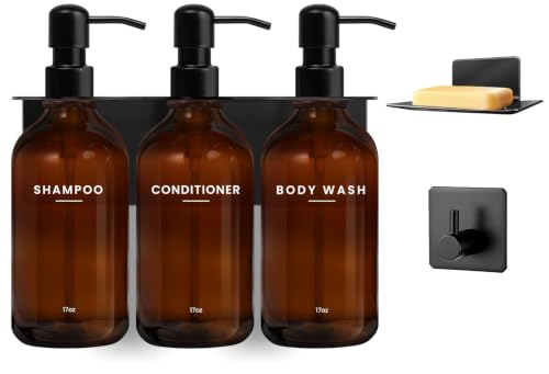 KOUCHU Shampoo and Conditioner Dispenser - Wall Mounted Shower Soap Dispenser - 17oz No-Drill Refillable Plastic Bottles with Stainless Steel Pump for Bathroom - Includes Soap Dish and Hook (Brown) - color: Brown
