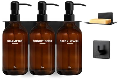 KOUCHU Shampoo and Conditioner Dispenser - Wall Mounted Shower Soap Dispenser - 17oz No-Drill Refillable Plastic Bottles with Stainless Steel Pump for Bathroom - Includes Soap Dish and Hook (Brown) - color: Brown