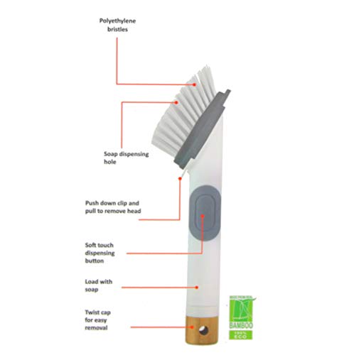 Soap Dispensing Dish Brush 2 In 1 Sponge And Bristle Brush Kitchen Brush For Dishes Pot Pan Sink Cleaning Dish Scrubber Brush With Built In Soap Liquid Dispenser, Long Handle, White