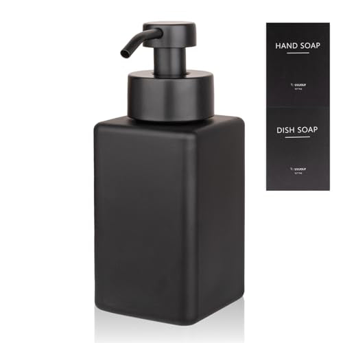 Foaming Soap Dispenser with Stainless Steel Pump, 12oz Refillable Glass Liquid Dish Soap Bottles for Bathroom, Kitchen Sink, Home Decor - color: A-black, size: 1 Pack