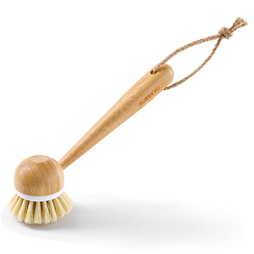 SUBEKYU Dish Brush with Handle, Natural Bamboo Dish Scrubber Brush, Kitchen Dishwashing Brush for Cleaning Dishes/Pans/Pots/Sinks, Sisal Bristles, 2P - color: Round 2p
