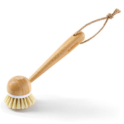 SUBEKYU Dish Brush with Handle, Natural Bamboo Dish Scrubber Brush, Kitchen Dishwashing Brush for Cleaning Dishes/Pans/Pots/Sinks, Sisal Bristles, 2P - color: Round 2p