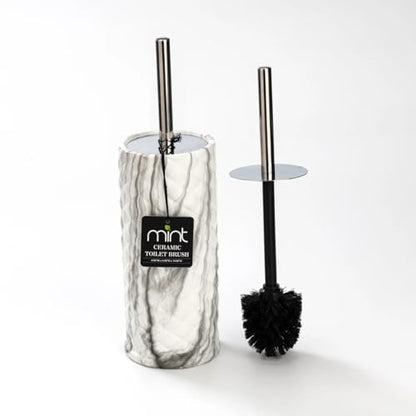 J&V TEXTILES Ceramic Toilet Brush, Toilet Bowl Brush with Extra Long Handle Durable Bristles Toilet Scrubber and Covered Holder for Toilet Brush Set for Bathroom Cleaning (Chrome/Marble) - color: Chrome/Marble