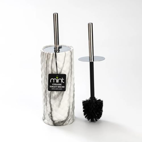 J&V TEXTILES Ceramic Toilet Brush, Toilet Bowl Brush with Extra Long Handle Durable Bristles Toilet Scrubber and Covered Holder for Toilet Brush Set for Bathroom Cleaning (Chrome/Marble) - color: Chrome/Marble