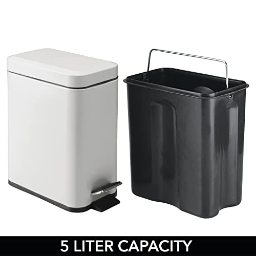 mDesign Pedal Bin — Waste Bin with Pedal, Lid and Plastic Bucket Insert Perfect for Bathroom, Kitchen, and Office — Metal Household Rubbish Bin with Ergonomic Design — Light Grey - color: Light Grey, size: 1.3 Gallon