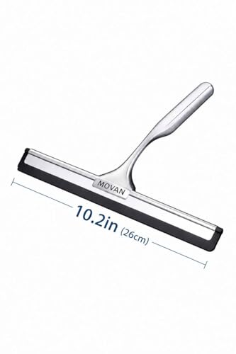 MOVAN Shower Squeegee for Glass Doors with Replacement Silicone Blade – 304 Stainless Steel Frame, 10 Inch, Streak-Free Bathroom Window Wiper with Adhesive Hook, Black