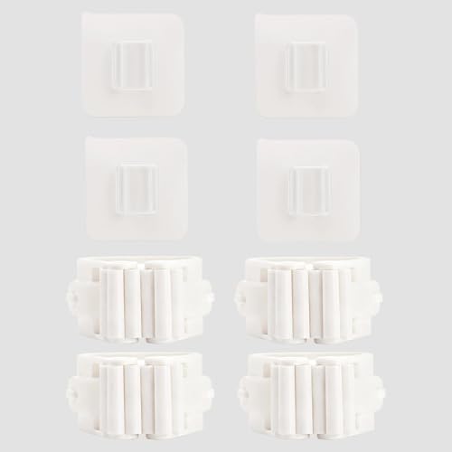 4 Pcs Mop and Broom Holder Wall Mount, Peel and Stick Mop Hanger Hooks, No-Drill Hanging Broom Organizer Storage for Bathroom Kitchen Laundry Room Garage Garden