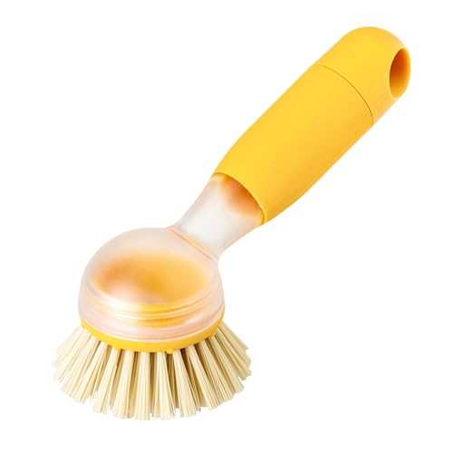 Vigar Rengo Dish Brush with Soap Dispenser - Dish Scrubber with Handle, Kitchen Scrub Brush for Dishes, Sink Cleaning Brush, Soap Dispensing Dish Wand with Nylon Bristles, Non Scratch - Mustard - color: Mustard