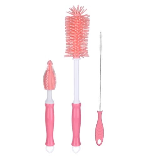 Silicone Bottle Cleaning Brush,Baby Travel Essential Bottle Brush Set, 3 in 1 Silicone Brush, Nipple Brush, Straw Brush - color: Pink