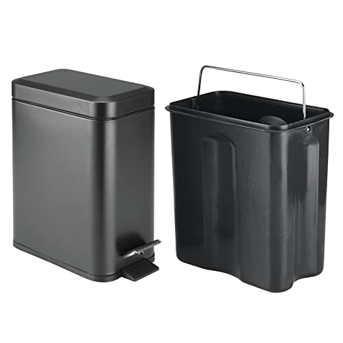 mDesign Small Modern 1.3 Gallon Rectangle Metal Lidded Step Trash Can, Compact Garbage Bin with Removable Liner Bucket and Handle for Bathroom, Kitchen, Craft Room, Office, Garage - Black - color: Black, size: 1.3 Gallon