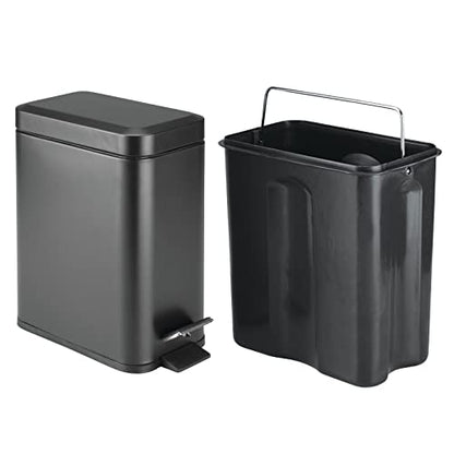 mDesign Small Modern 1.3 Gallon Rectangle Metal Lidded Step Trash Can, Compact Garbage Bin with Removable Liner Bucket and Handle for Bathroom, Kitchen, Craft Room, Office, Garage - Black - color: Black, size: 1.3 Gallon