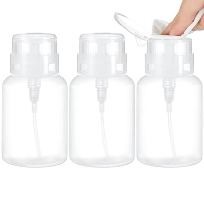 Layhit 3 Pack 6.8 oz (200ml) Push Down Lockable Pump Dispenser Bottle with Stickers, Alcohol Push Down Empty Refillable Container for Nail Polish Remover, Alcohol & Makeup Remover (Clear Top Cap) - color: Clear Top Cap