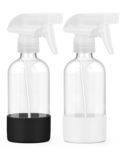 Worldgsb 2 Pack Glass Spray Bottles 8 oz, Empty Refillable Containers with Silicone Sleeve Protection, Glass Spray Bottles for Cleaning Solutions, Hair and Plants with Adjustable Nozzles Black&White - color: Black&White
