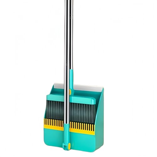 2-in-1 Broom with Dustpan Combo Set,Long Handle Broom Dustpan Combo with Dustpan Teeth to Automatically Clean Hair for Home, Indoor or Outdoor Cleaning Hall Floor (Green) - color: Green
