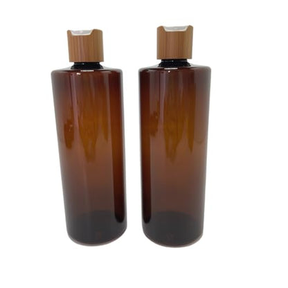 Empty Cosmetic Bottles 16oz/500ml 2 Pack with Bamboo Disc Top Flip Cap for Shampoo Lotion Liquid Soap,Cream,Refilable Plastic Squeeze Travel Size Toiletry Bottles Brown - color: Brown, size: 500ml (Pack of 2)