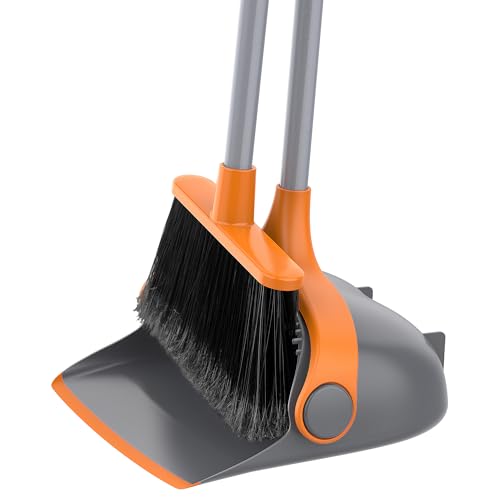 MR.SIGA Broom and Dustpan Set with Long Handle, Stand Upright Broom with Dustpan Combo for Cleaning Office, Garage, Lobby, Lightweight Sweeping Set, 51.7"(131 cm) Long Handle, Gray & Orange - color: Gray & Orange