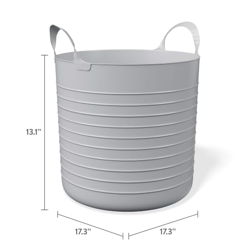 10 Gallon Large Gray Plastic Flex Storage Basket, Lightweight Soft Sided Portable Organizer Bin, Easy Clean Flexible Tote for Bedroom, Closet, Dorm, Laundry & Office Supplies Storage