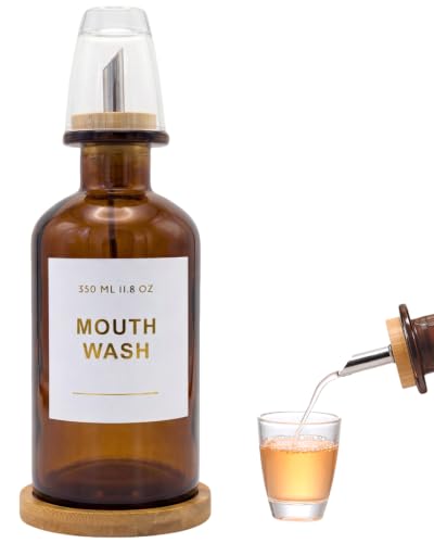 11.8OZ Glass Mouthwash Dispenser for Bathroom with Stainless Steel & Bamboo Nozzle, Mouthwash Cup Reusable, Bamboo Tray, and Elegant Gold Sticker.（Amber - color: Amber/350*1