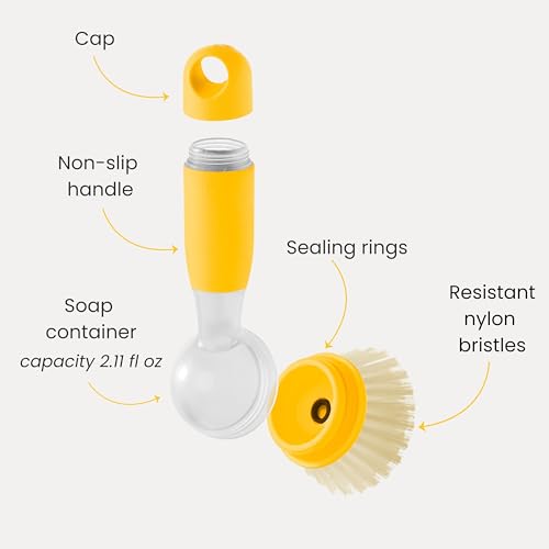 Vigar Rengo Dish Brush with Soap Dispenser - Dish Scrubber with Handle, Kitchen Scrub Brush for Dishes, Sink Cleaning Brush, Soap Dispensing Dish Wand with Nylon Bristles, Non Scratch - Mustard - color: Mustard