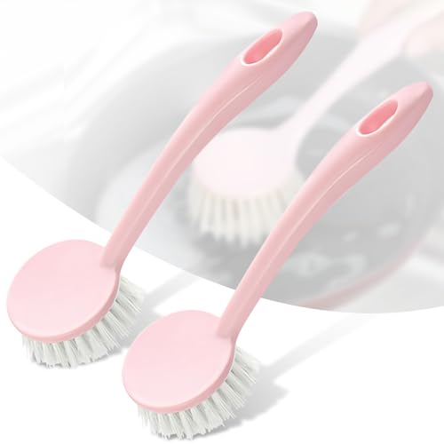 Dish Brush with Handle 2PCS Stiff Bristles Dish Scrubber Long Handle Kitchen Scrub Brush for Cleaning Dishes, Pots and Pans, Kitchen Sink (2PCS, 9.44x2.75 in) - color: Pink 2pcs