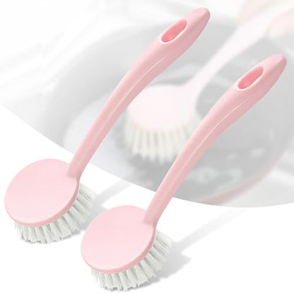 Dish Brush with Handle 2PCS Stiff Bristles Dish Scrubber Long Handle Kitchen Scrub Brush for Cleaning Dishes, Pots and Pans, Kitchen Sink (2PCS, 9.44x2.75 in) - color: Pink 2pcs