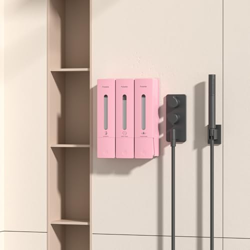 1984 Shower Soap Dispenser Bathroom Set Shampoo Conditioner Body Wash Dispenser Wall Mounted Shower Shampoo Dispenser 3 Chamber No Drill for Home Star Hotel 3 x 400ml Pink - color: Pink 3 Chamber