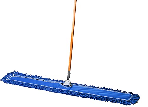 Commercial Floor Sweeper, 48 in. Reusable Mop Head, Wooden Handle, Industrial Dry Mop for Hardwood Floors, Blue - color: Blue, size: 48 X 5 Inch