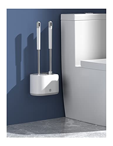 Multifunction Double Brush Toilet Brush Holder, Long Handle Wall-Mounted Toilet Brush Plunger Set, Ventilated Quick-Drying Silicone (Color : Gray, Size : Wall Hanging)