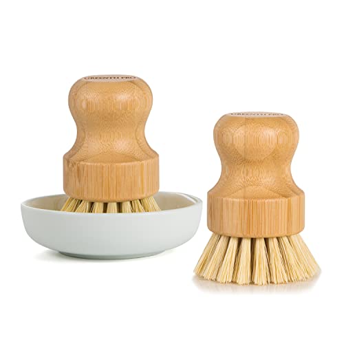 GREENTH PRO Bamboo Dish Brush-2 Pack Nature Sisal Scrubber Brush with Ceramics Holder-Wooden Brush for Pot,Dish and Vegetables