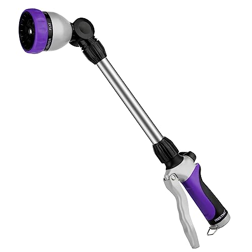 RESTMO Metal Watering Wand, Heavy Duty Garden Hose Wand with 180° Swivel Ratcheting Head, 16'' Hose Nozzle Sprayer with 7 Spray Patterns and Flow Control, for Water Hanging Baskets and Shrubs, Purple - color: Purple