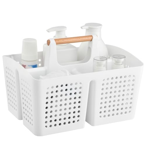 Portable Shower Caddy Basket with Wood Handle, 3-Compartment Bathroom Organizer Tote with Drain Holes, Plastic Shower Basket for Dorm, Toiletries, Cleaning Supplies, White - color: White